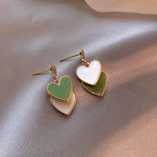 Triple Heart Enamel Green Tone Earrings