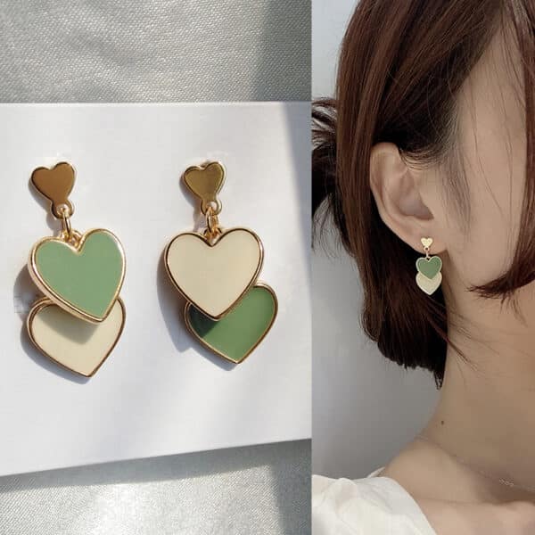 Triple Heart Enamel Green Tone Earrings