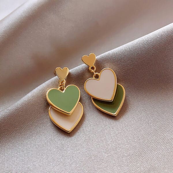 Triple Heart Enamel Green Tone Earrings