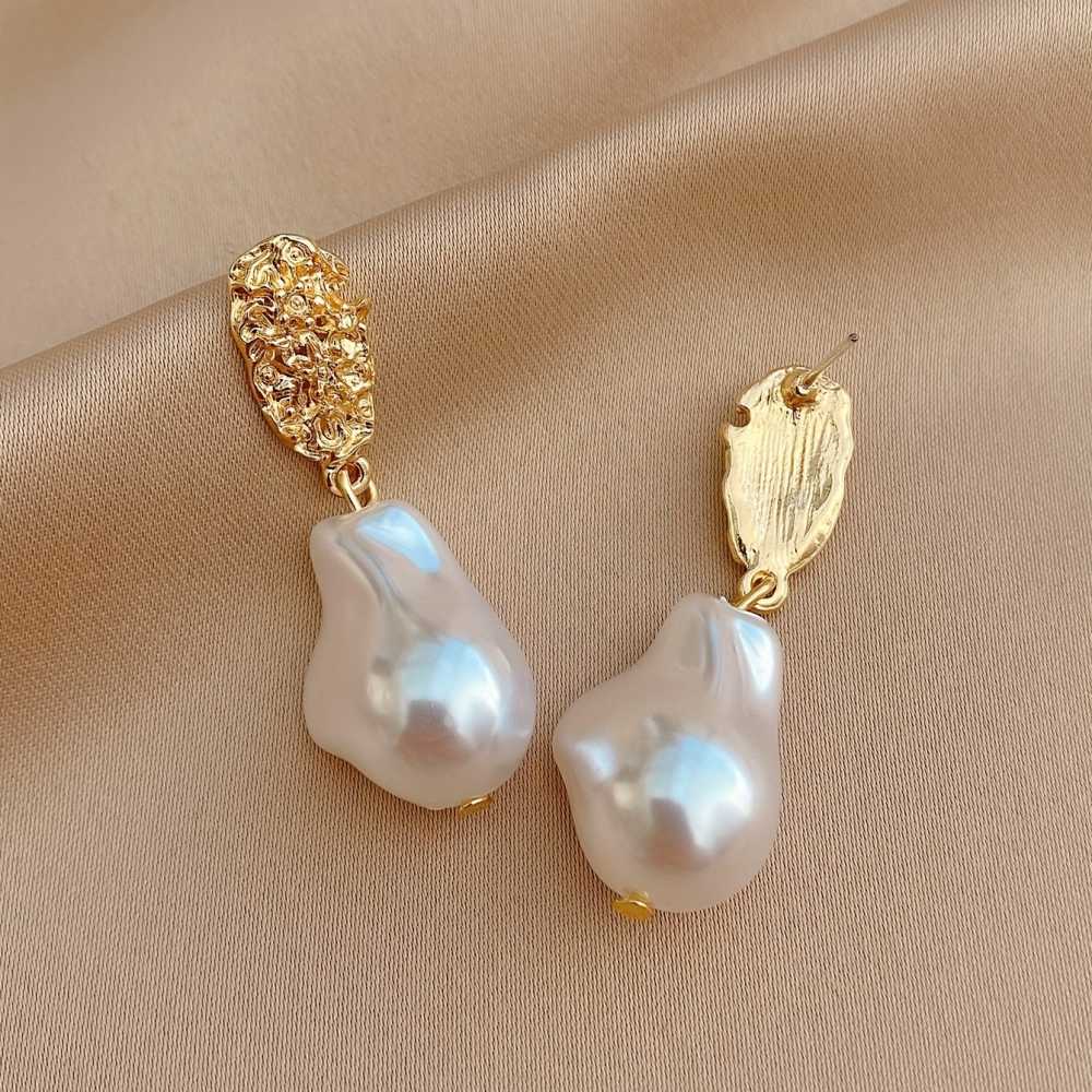 Asymmetric Pearl Drop Gold Foil Earrings