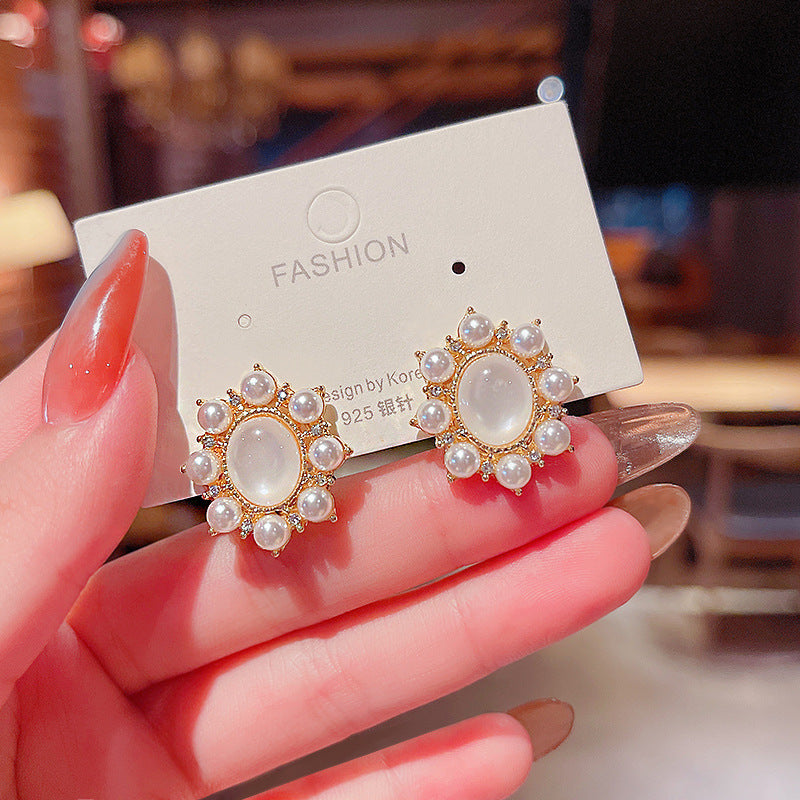 Opal Pearl Circle Stud Earrings
