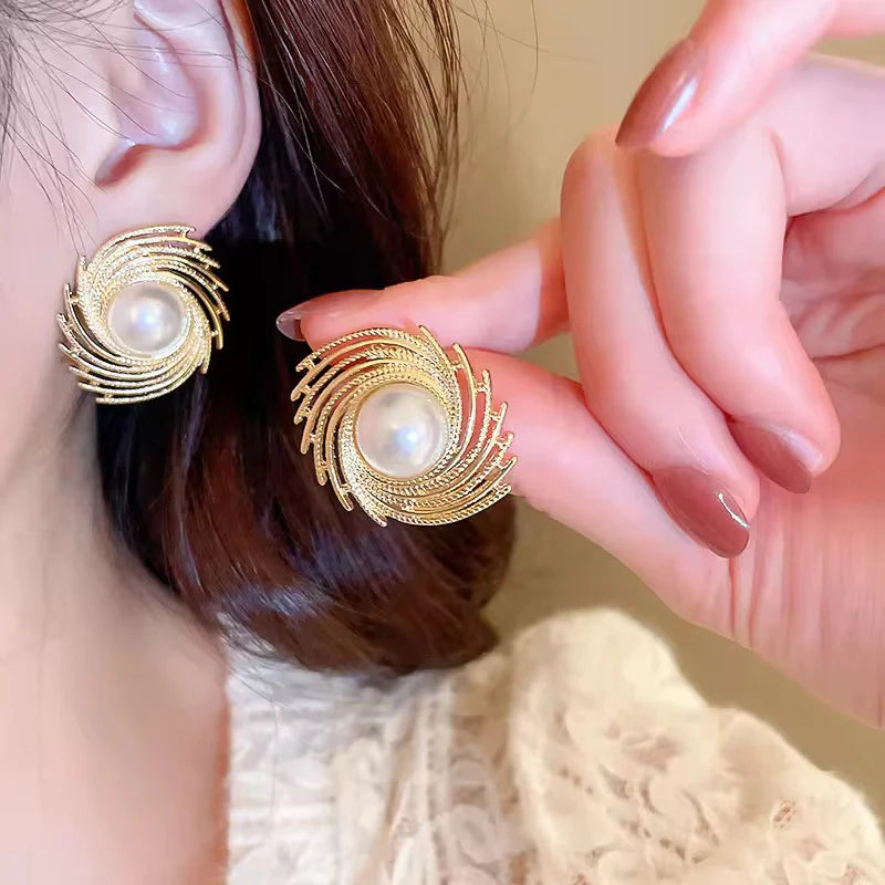 Metal Textured Pearl Stud Earrings