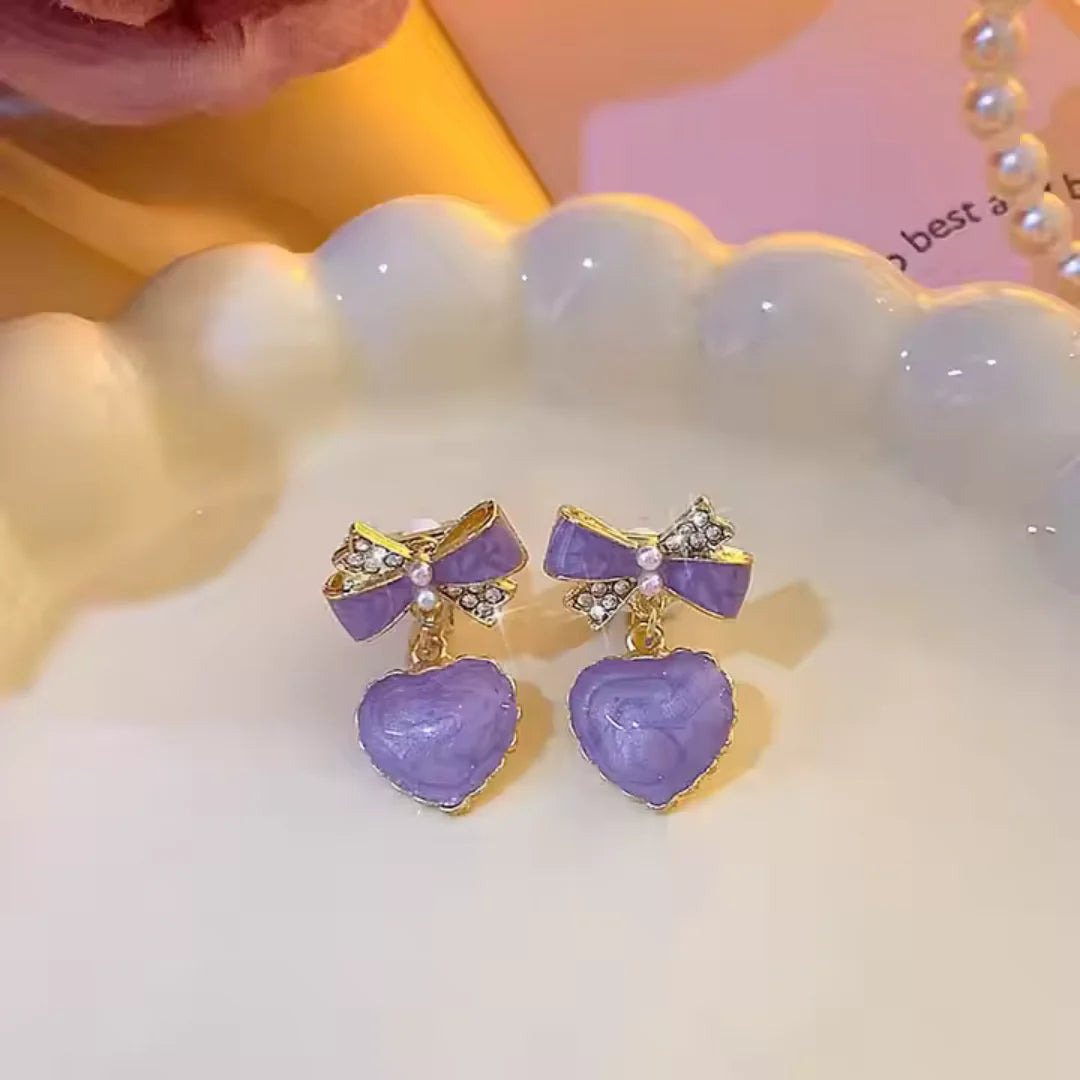 Lavender Bowknot Heart Drop Earrings