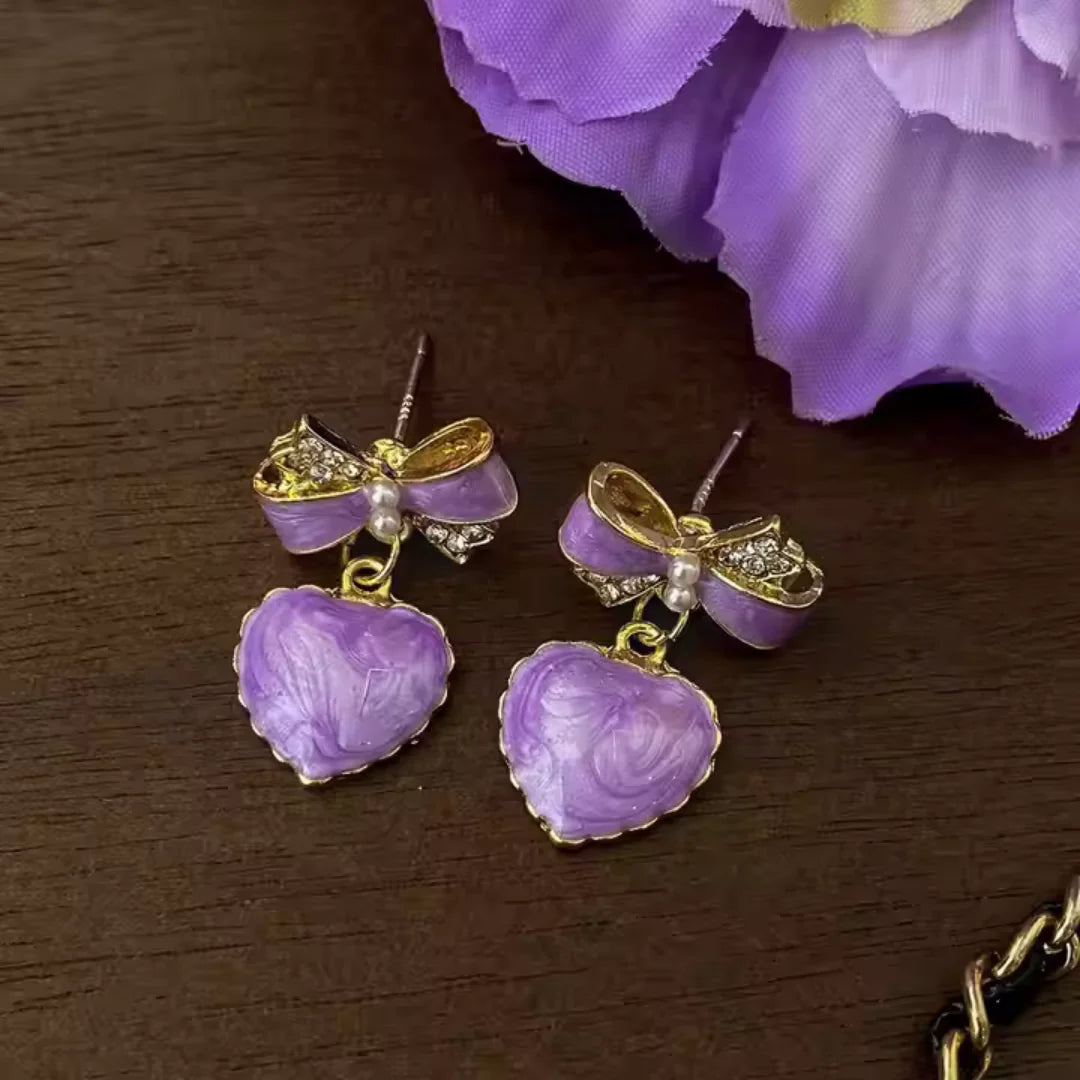 Lavender Bowknot Heart Drop Earrings