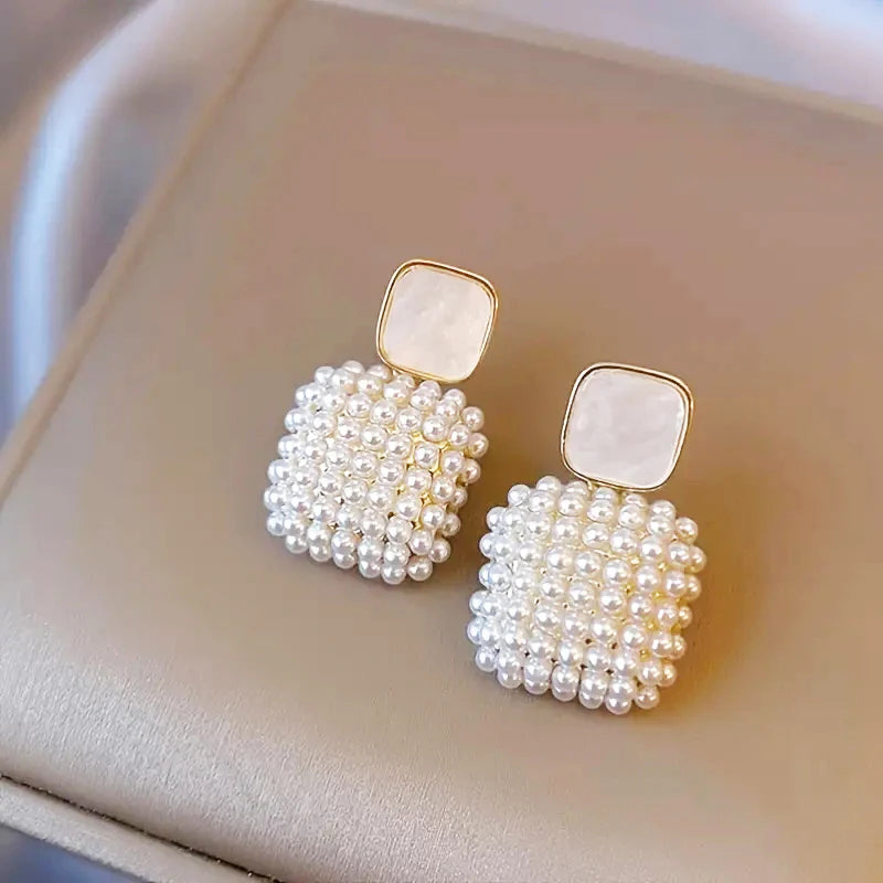 Geometric Pearl Square Drop Earrings