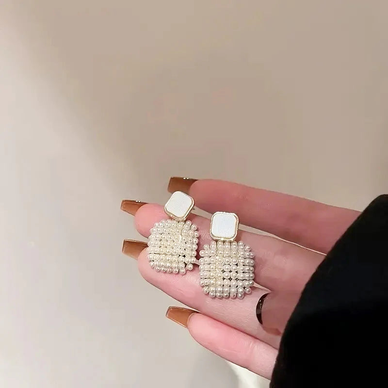 Geometric Pearl Square Drop Earrings
