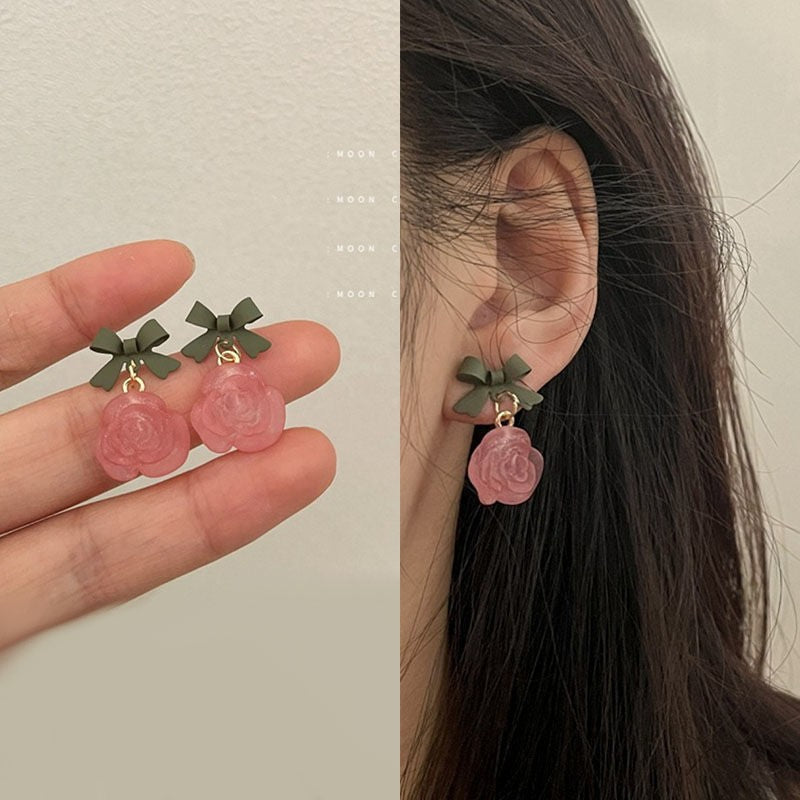 Acrylic Oink Rose Flower & Bow Earrings