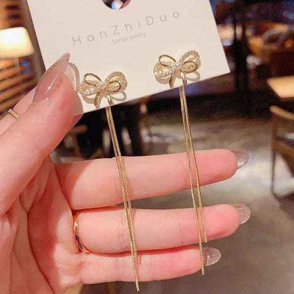 Bow Tassel Long Earrings