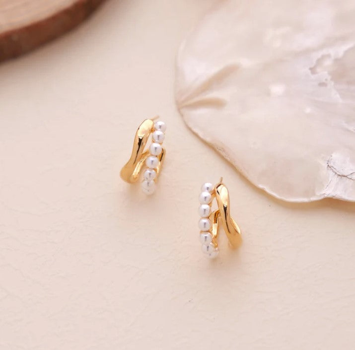 Elegant Dual Layer C Shape Pearl Hoop Earrings