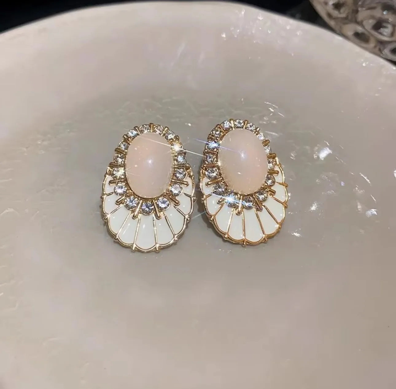 Milky White Drip Oil Opal & Stones Studded O-shaped Earrings
