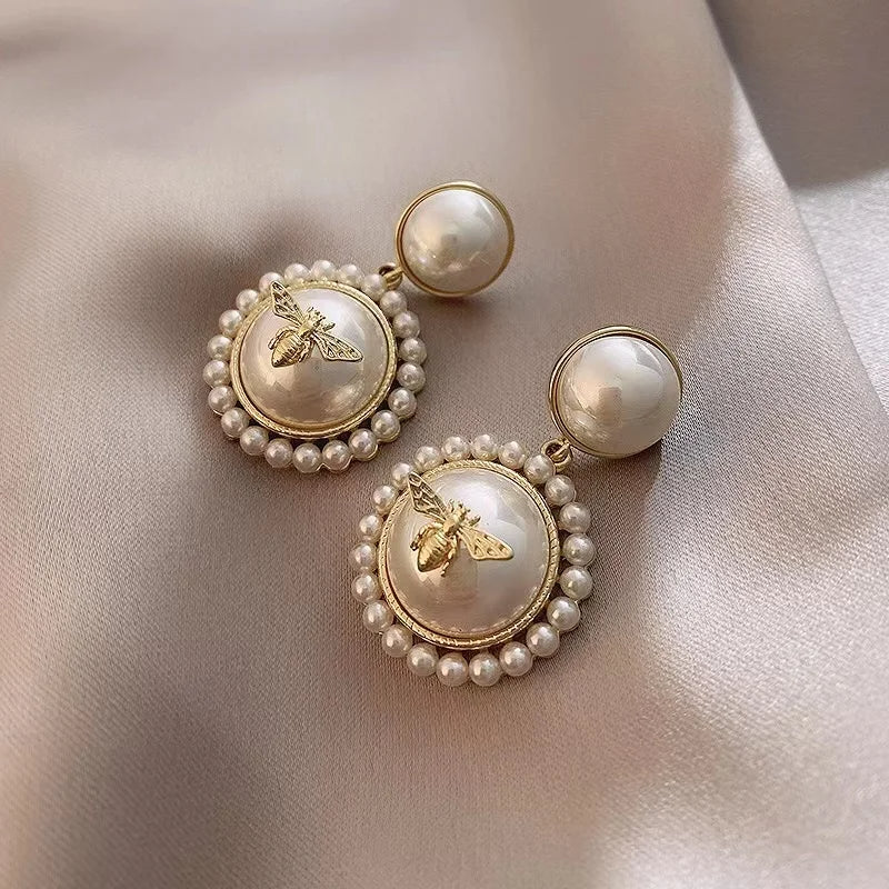 3D Golden Bee on Pearl CC Drop Earrings