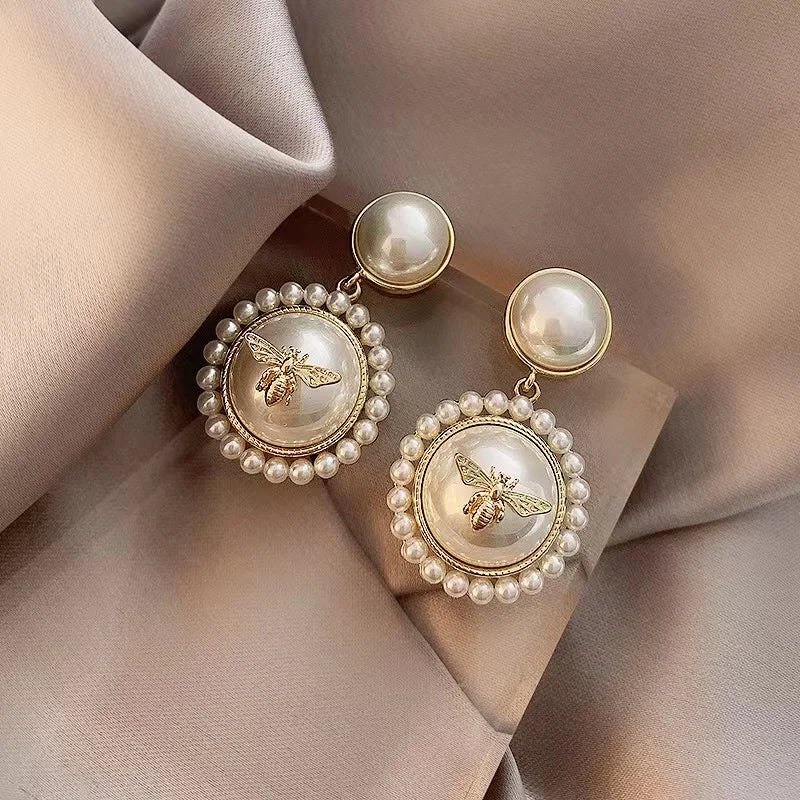 3D Golden Bee on Pearl CC Drop Earrings