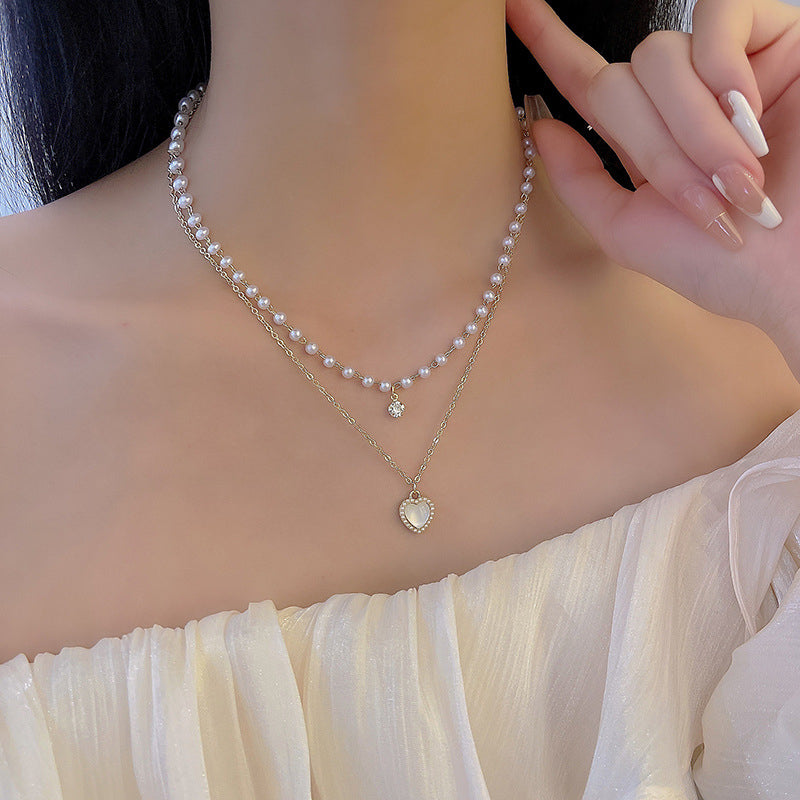 Double Layer Pearl Chain Heart Necklace