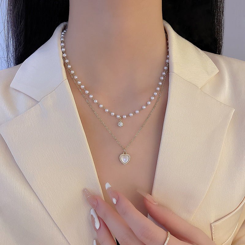 Double Layer Pearl Chain Heart Necklace