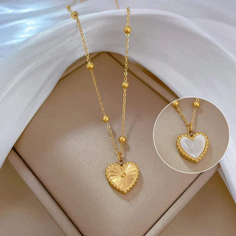 Two-Sided Heart Pendant Beads Chain Necklace