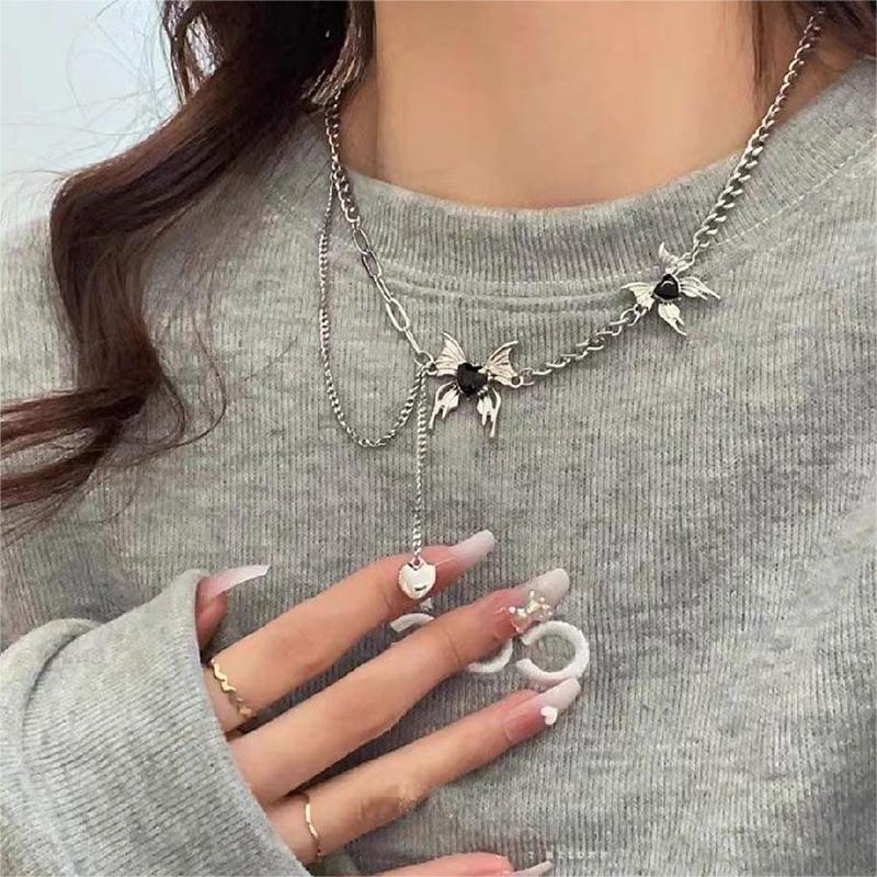 Y2K Black Butterfly Heart Tassel Necklace