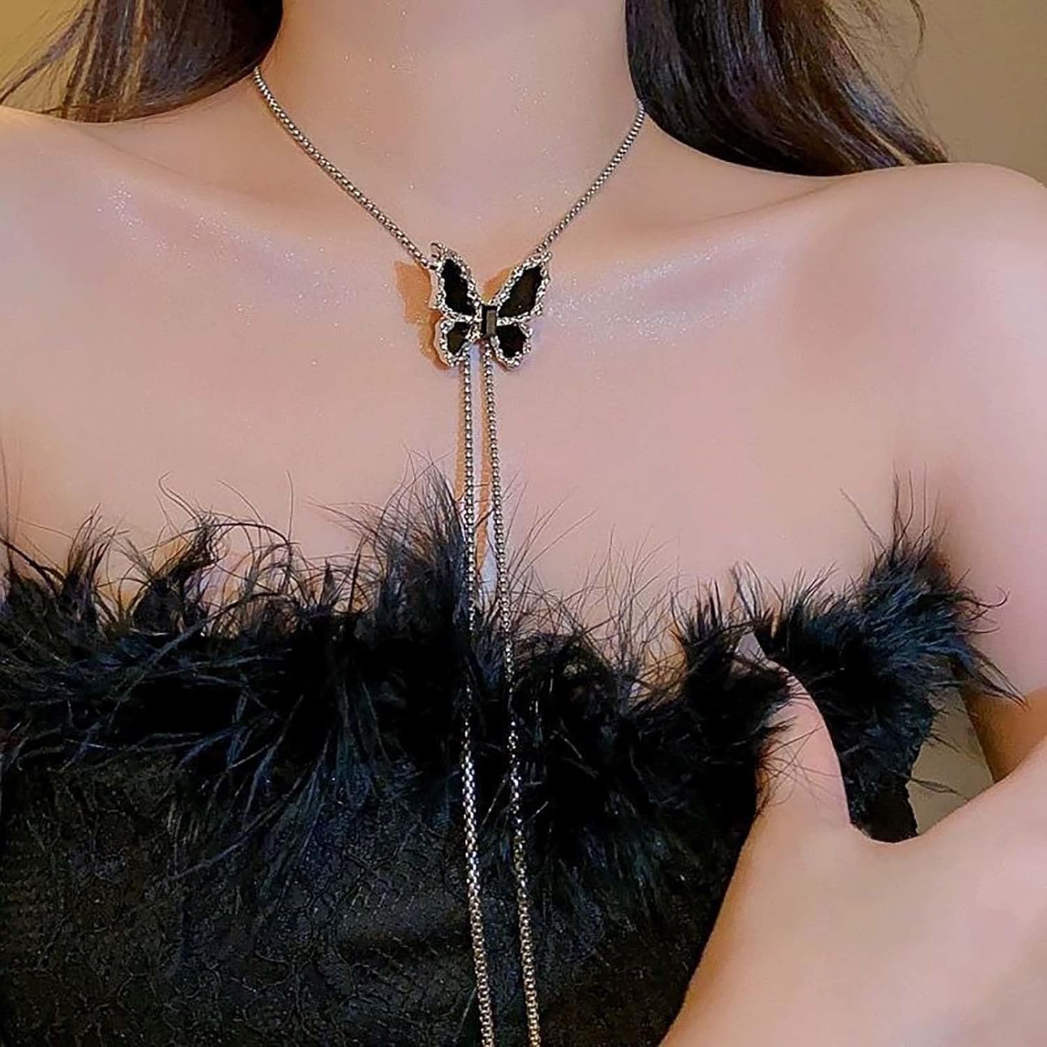 Adjustable Black Butterfly Long Chain Necklace