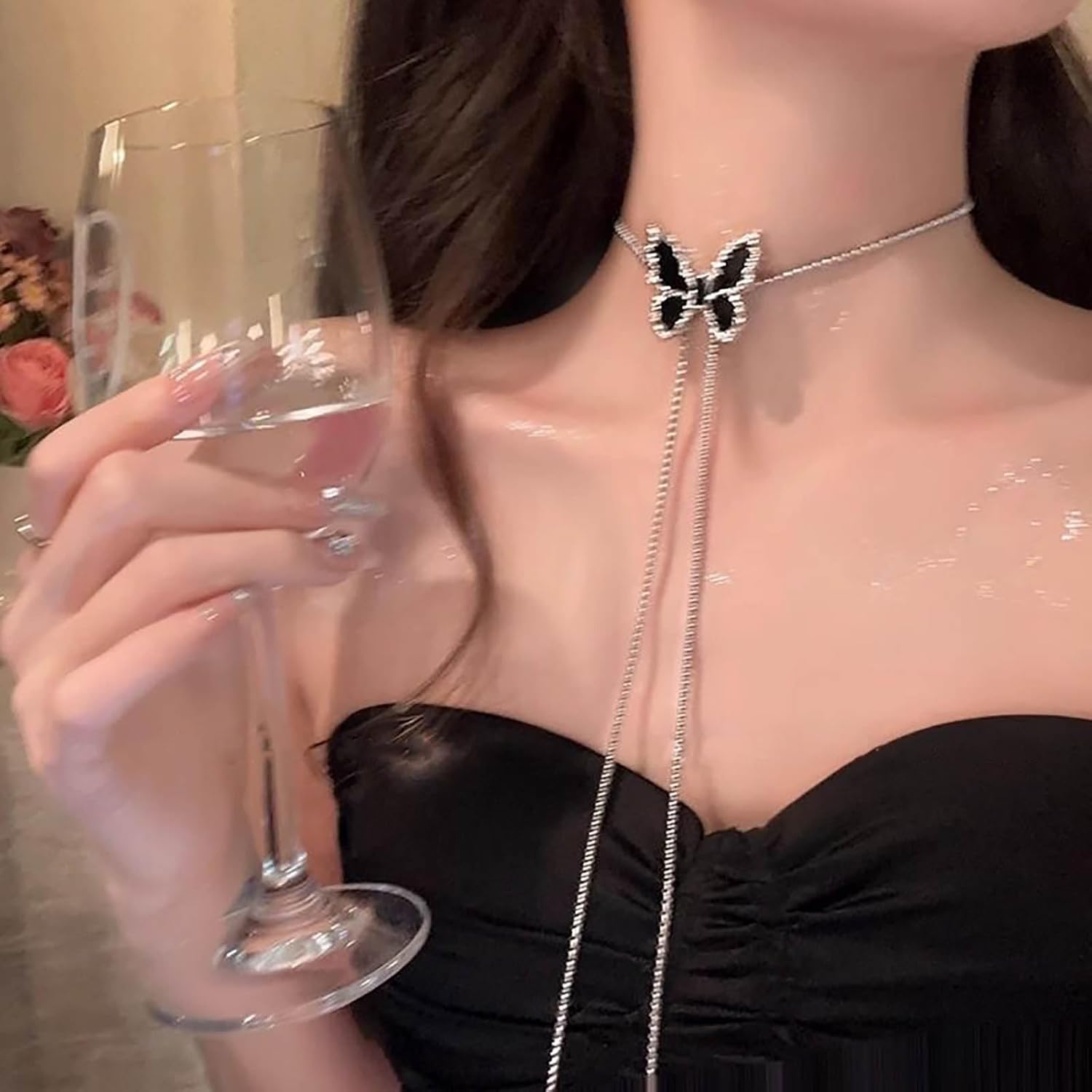 Adjustable Black Butterfly Long Chain Necklace