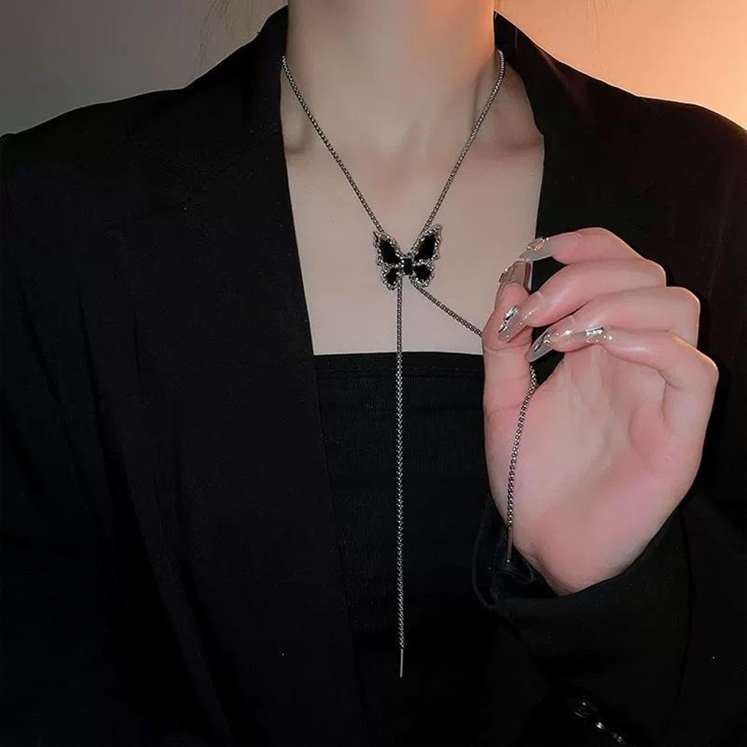 Adjustable Black Butterfly Long Chain Necklace