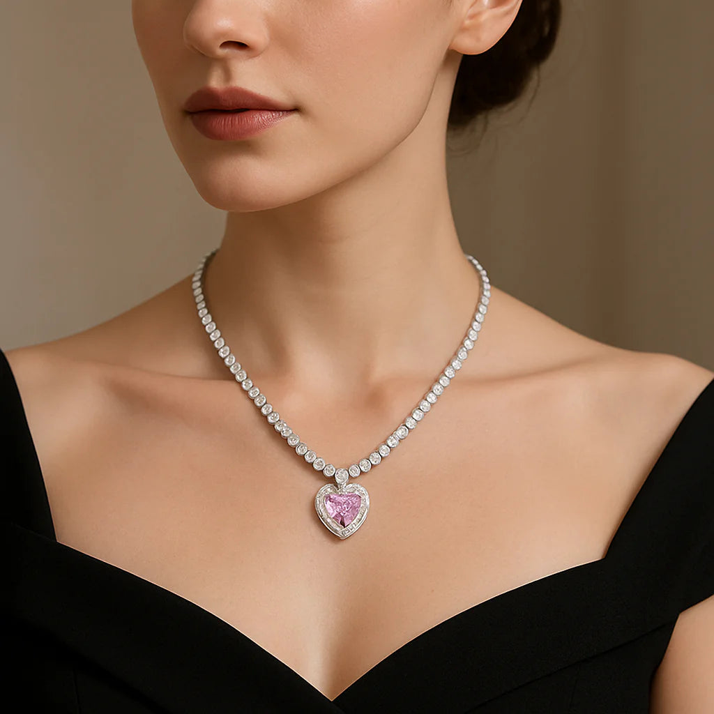 Pink Heart Stone Chain Choker Necklace