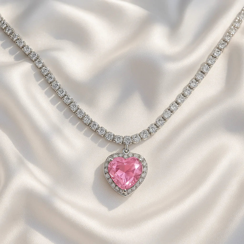 Pink Heart Stone Chain Choker Necklace