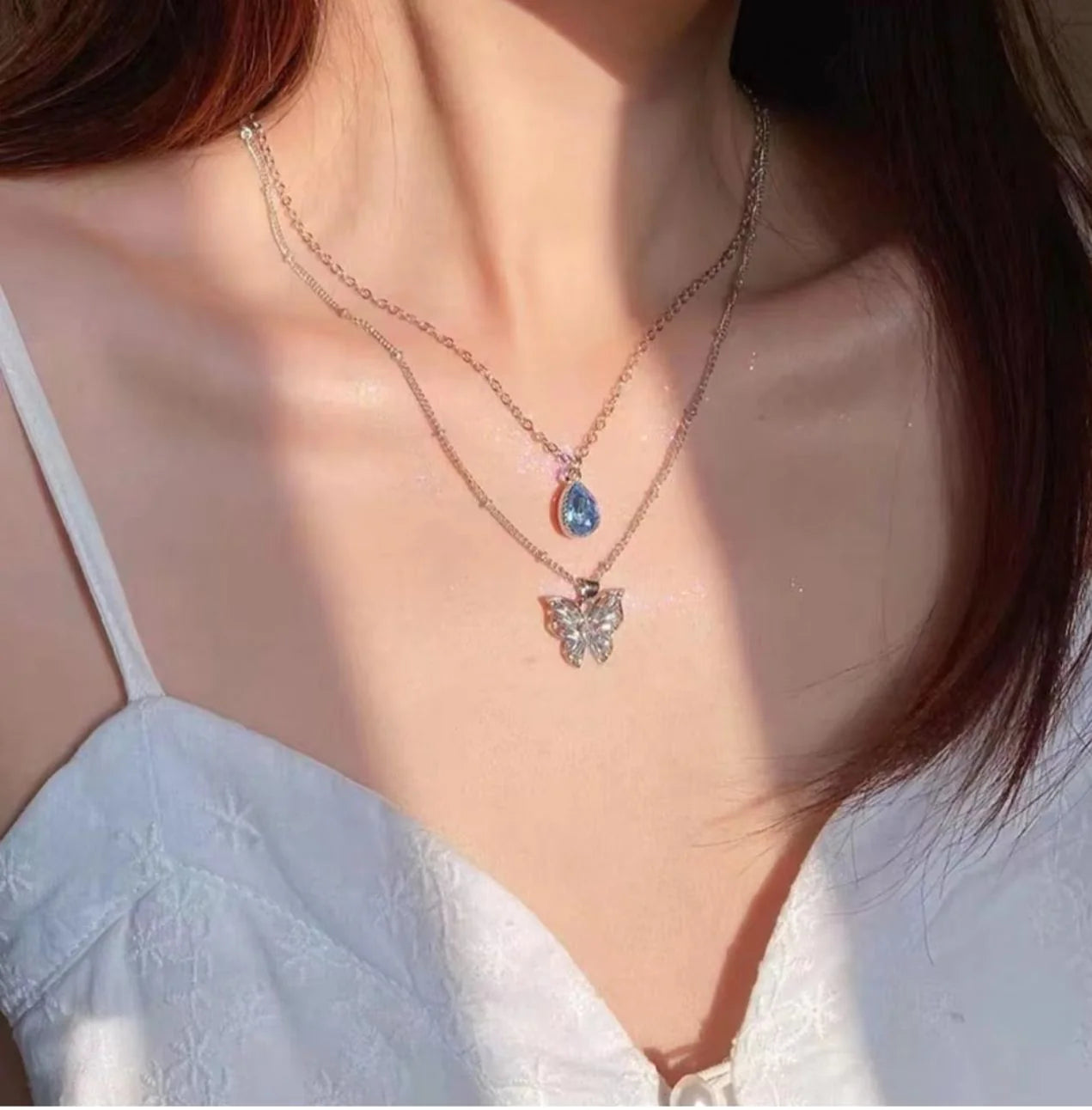 Dual Chain Butterfly & Blue Stone Necklace