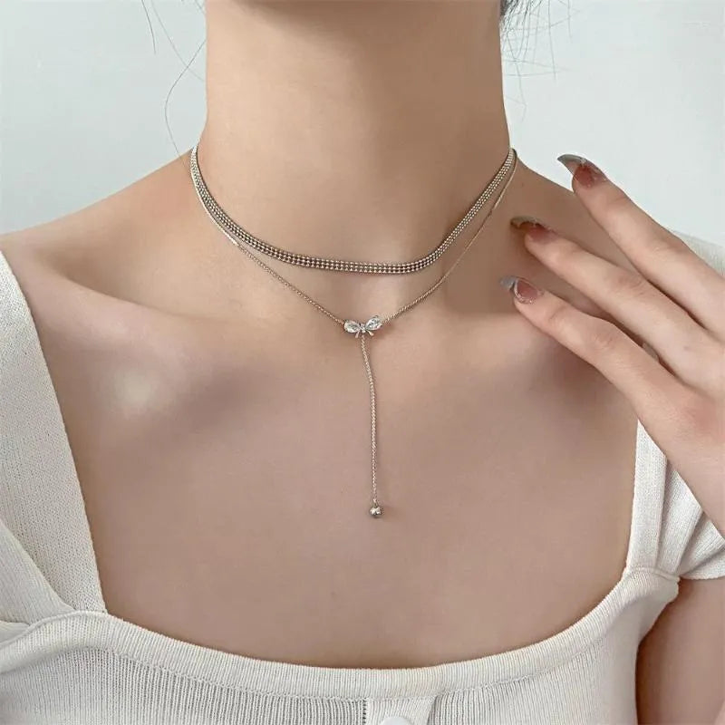 Bow Drop Dual Chain Choker Necklace