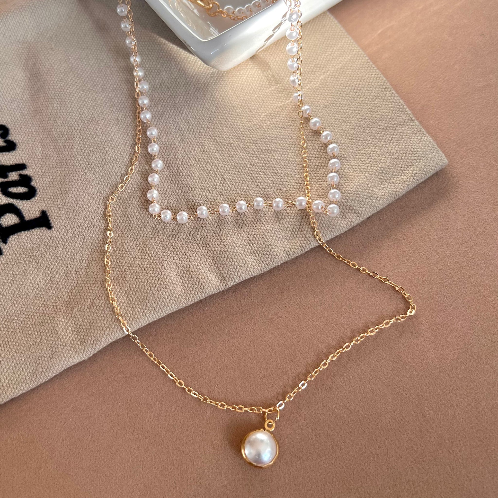 Pearl Drop Double Layer Peral Chain Necklace