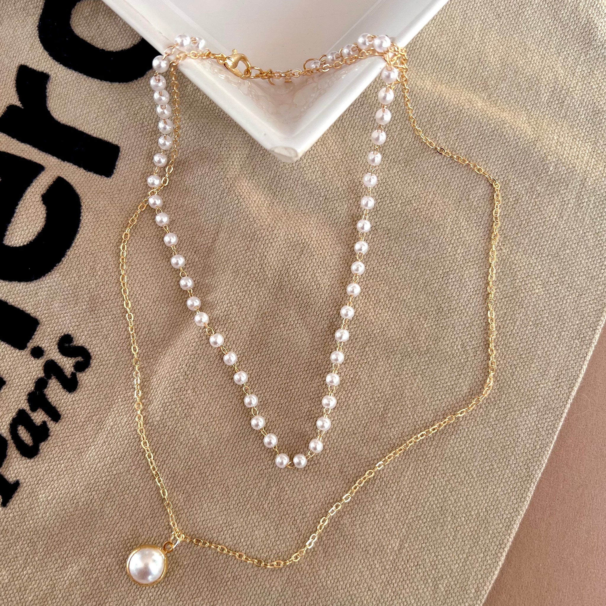 Pearl Drop Double Layer Peral Chain Necklace