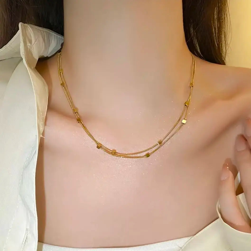 Retro Double-layer Herringbone Cubic Square Beads Necklace
