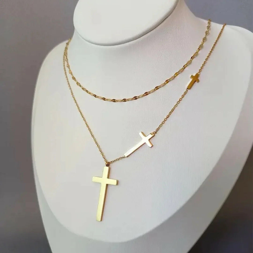 Dual Chain Three Cross Necklace