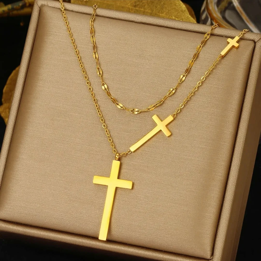 Dual Chain Three Cross Necklace
