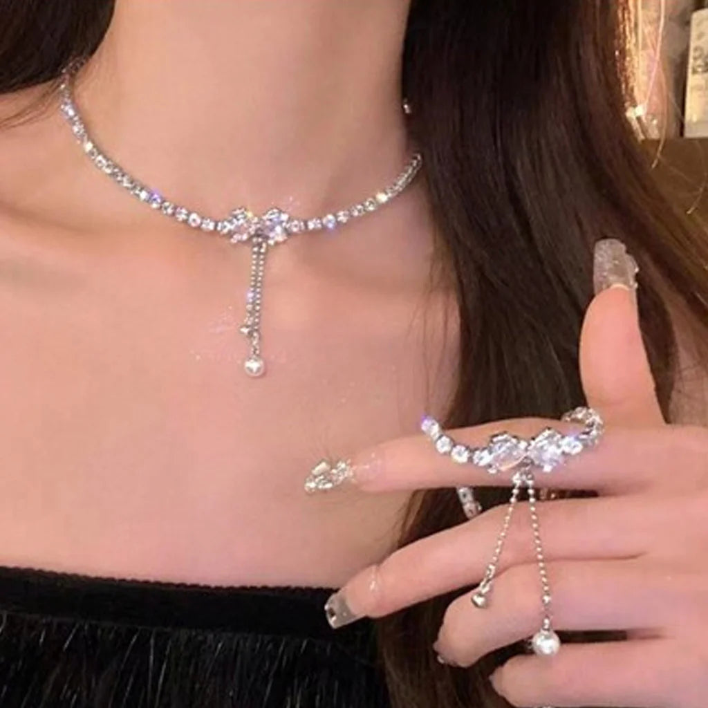 Rhinestone Bow Tassel Drop Choker Collarbone Necklace