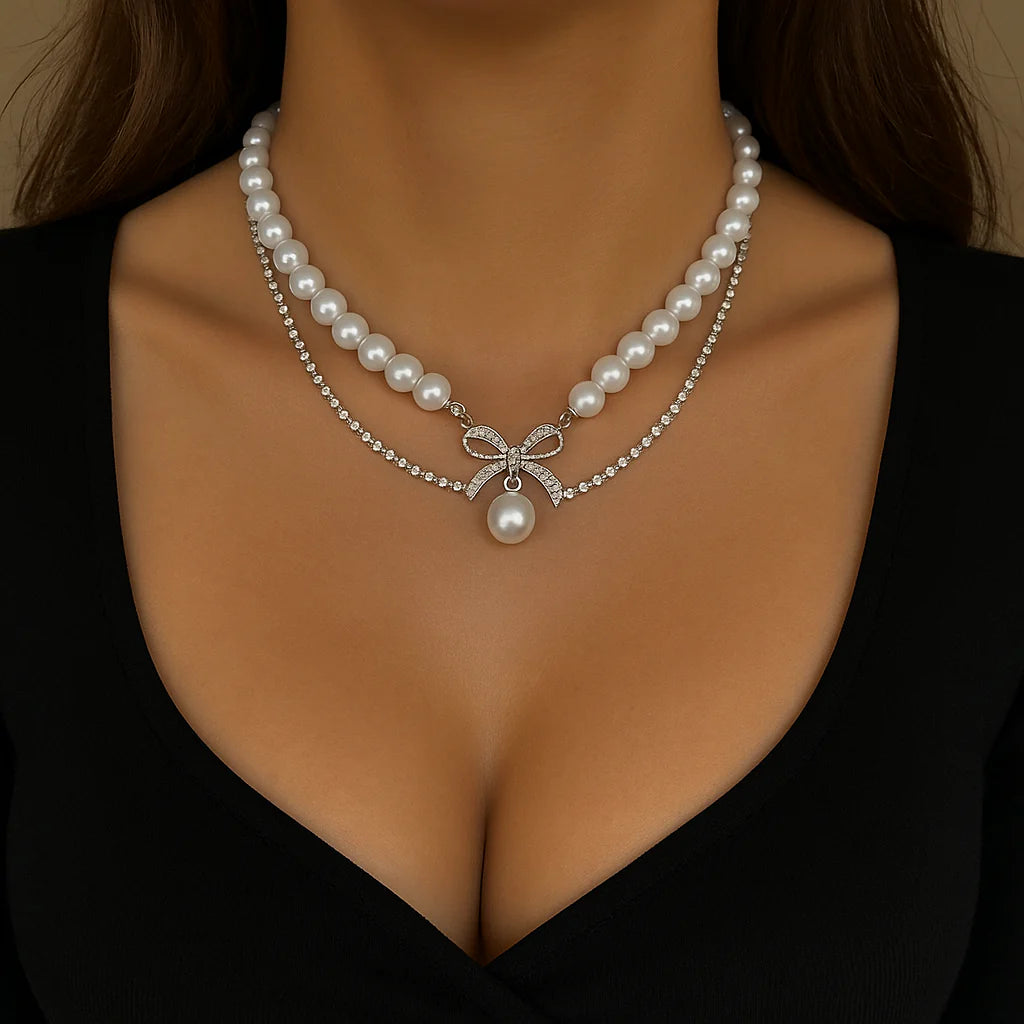 Double-Layered Bow Pearl Necklace