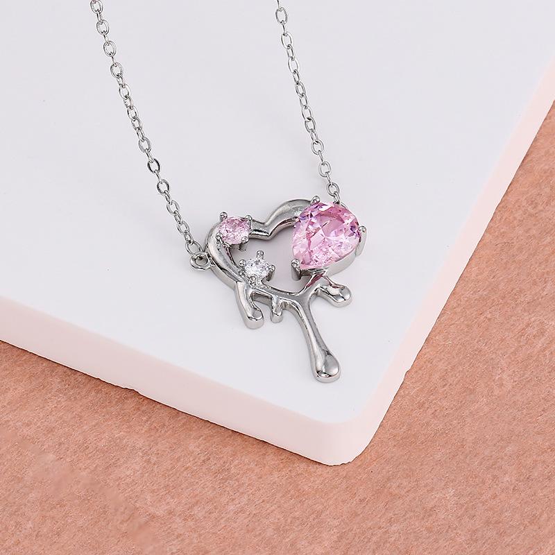 Pink Crystal Liquefied Metal Heart Necklace