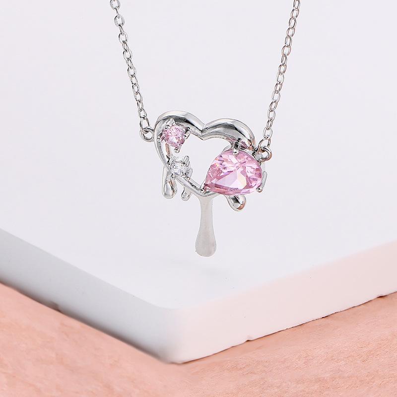 Pink Crystal Liquefied Metal Heart Necklace