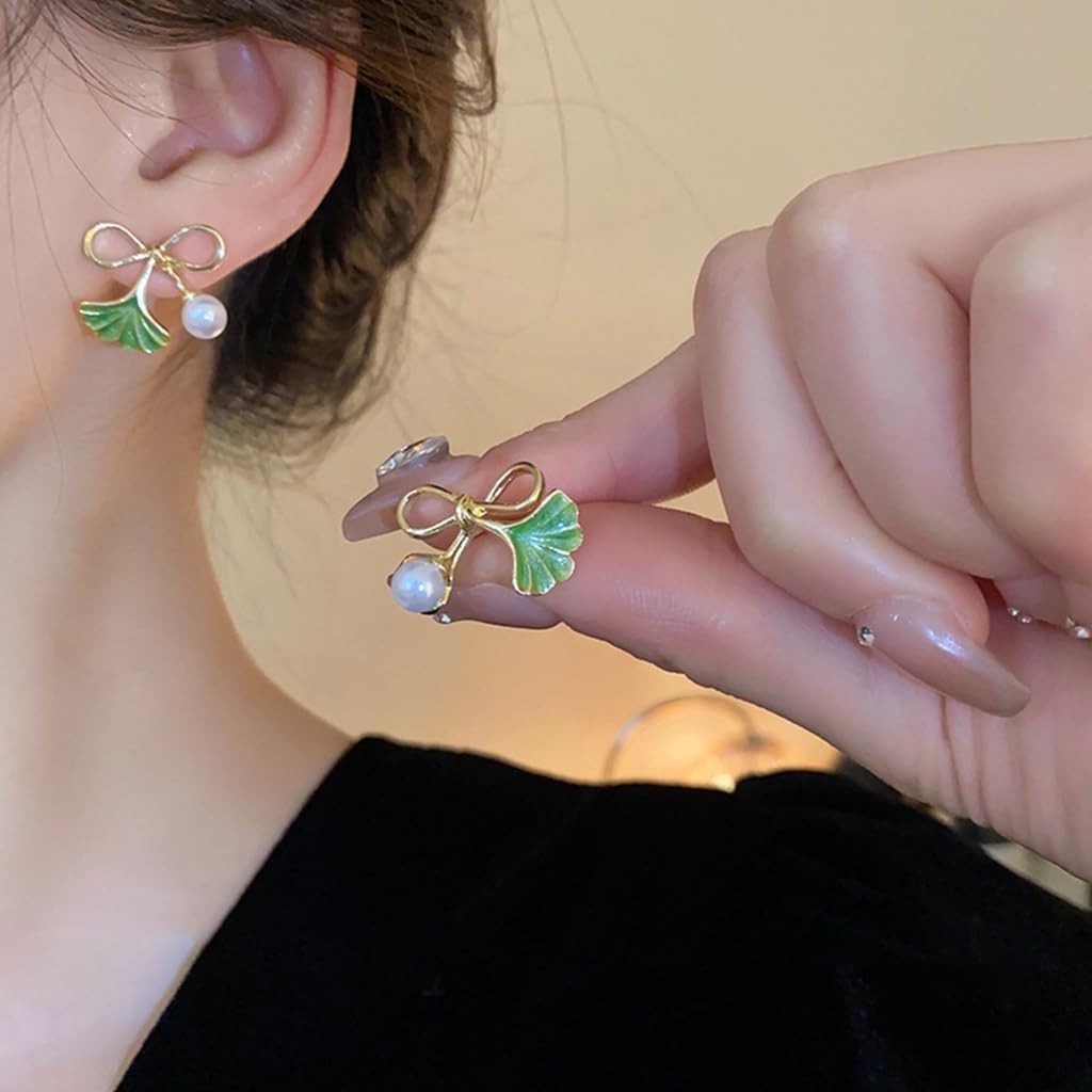 Enamel Pearl Bow Ginkgo Leaf Earrings