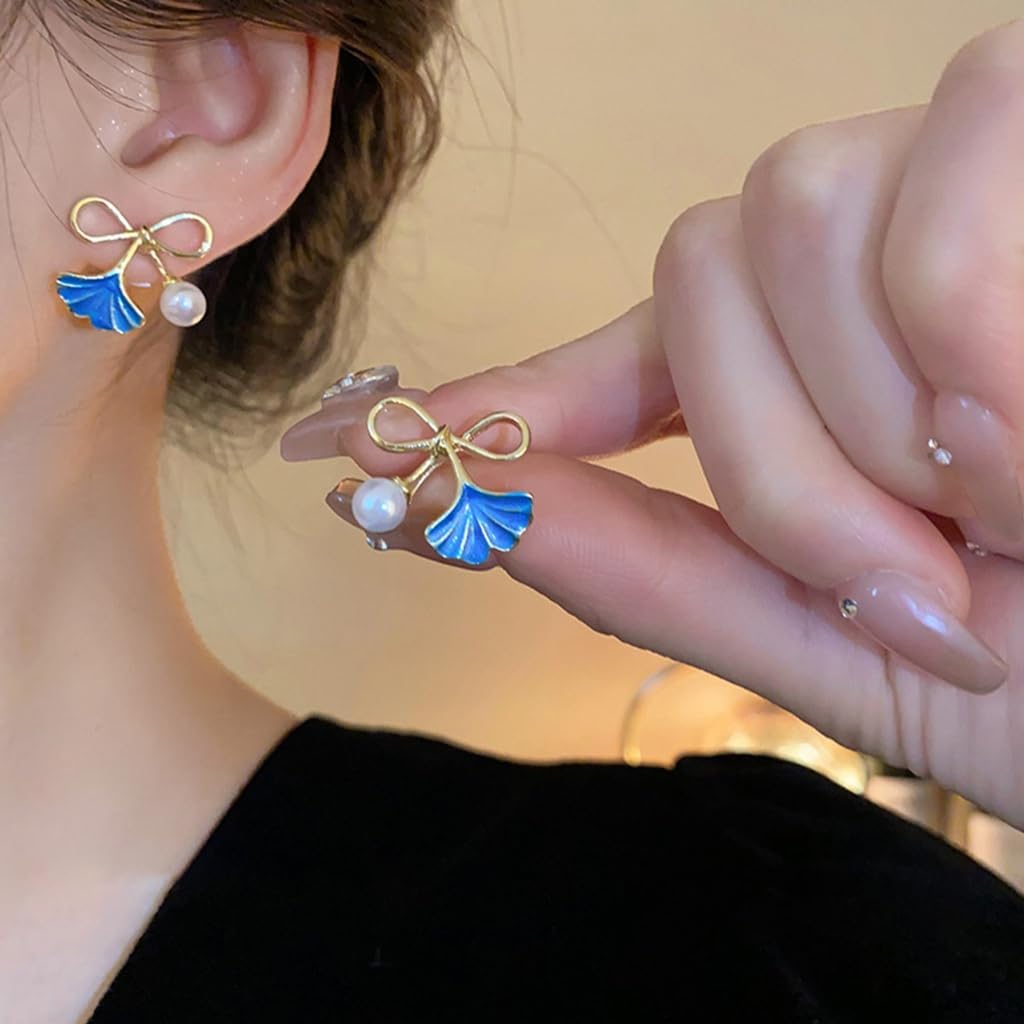 Enamel Pearl Bow Ginkgo Leaf Earrings
