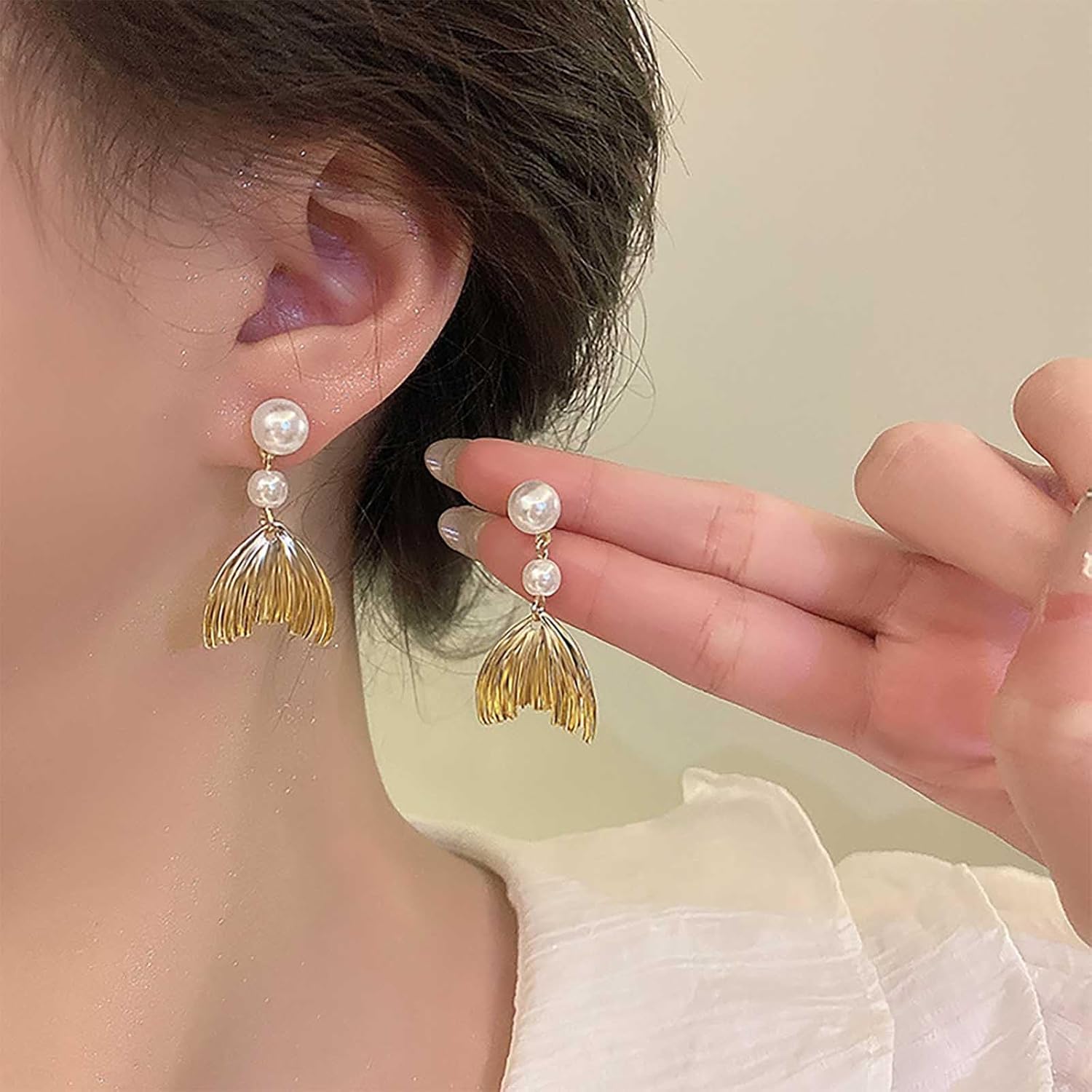 Metal Pearl Fishtail Drop Earrings