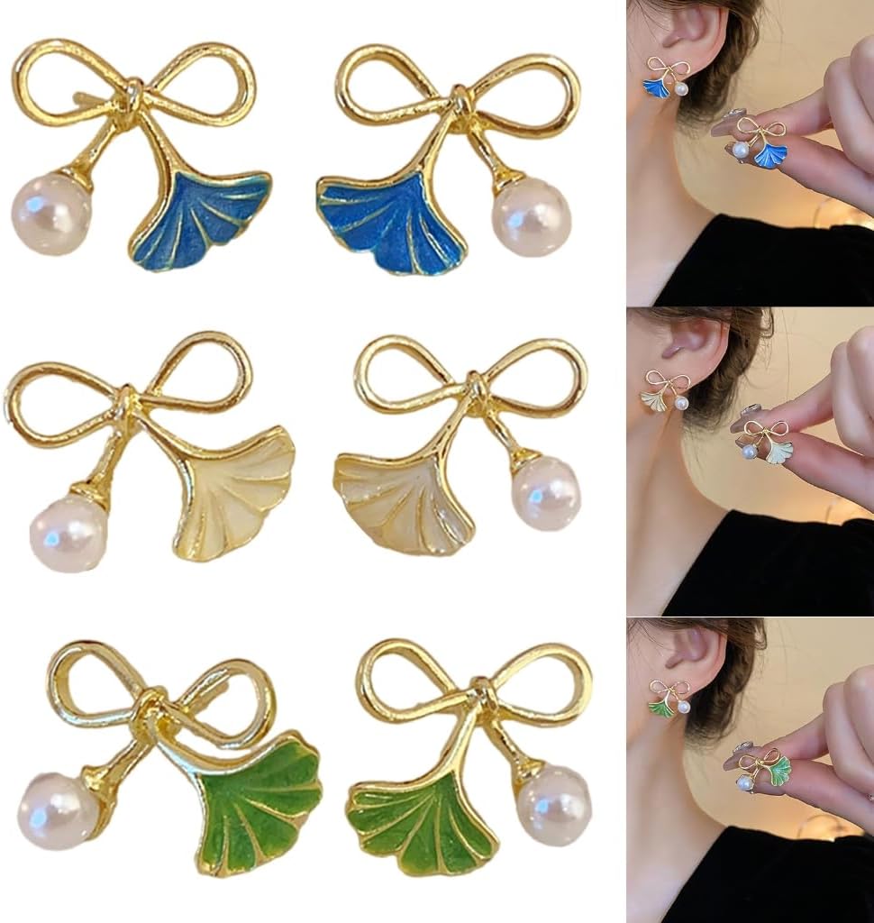 Enamel Pearl Bow Ginkgo Leaf Earrings
