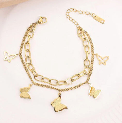 Butterfly Charm Dual Layer Chain Bracelet