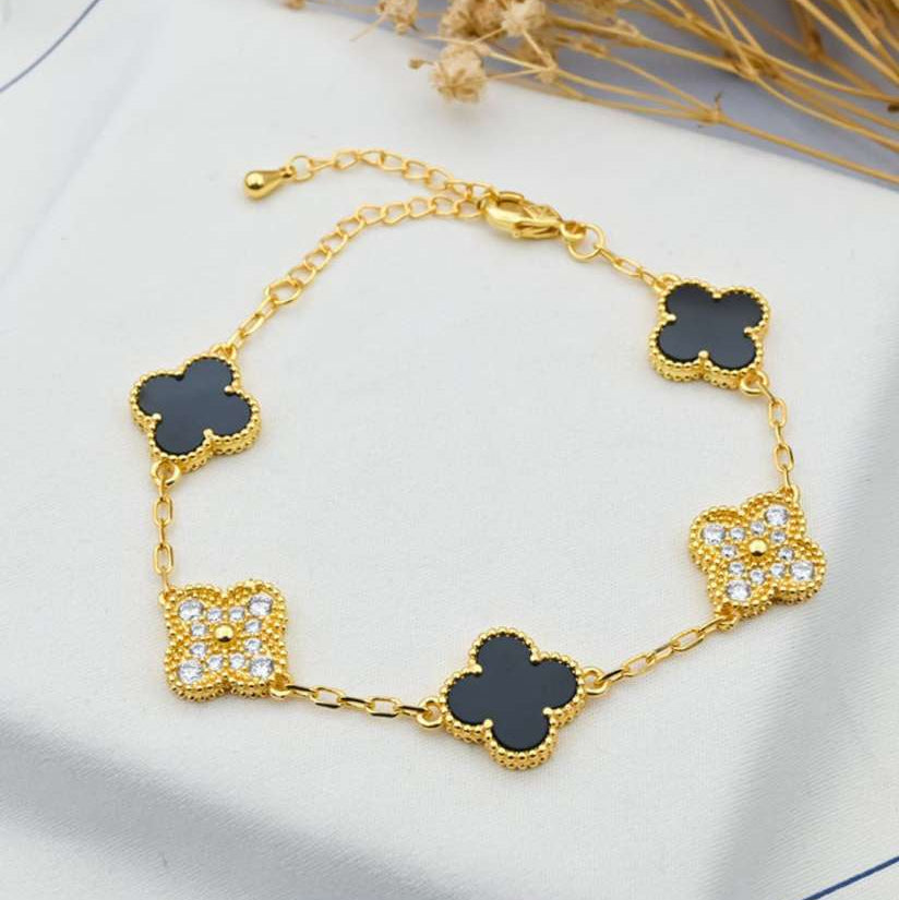 Black 4 Four Leaf Clover Flower Bracelet With Stones