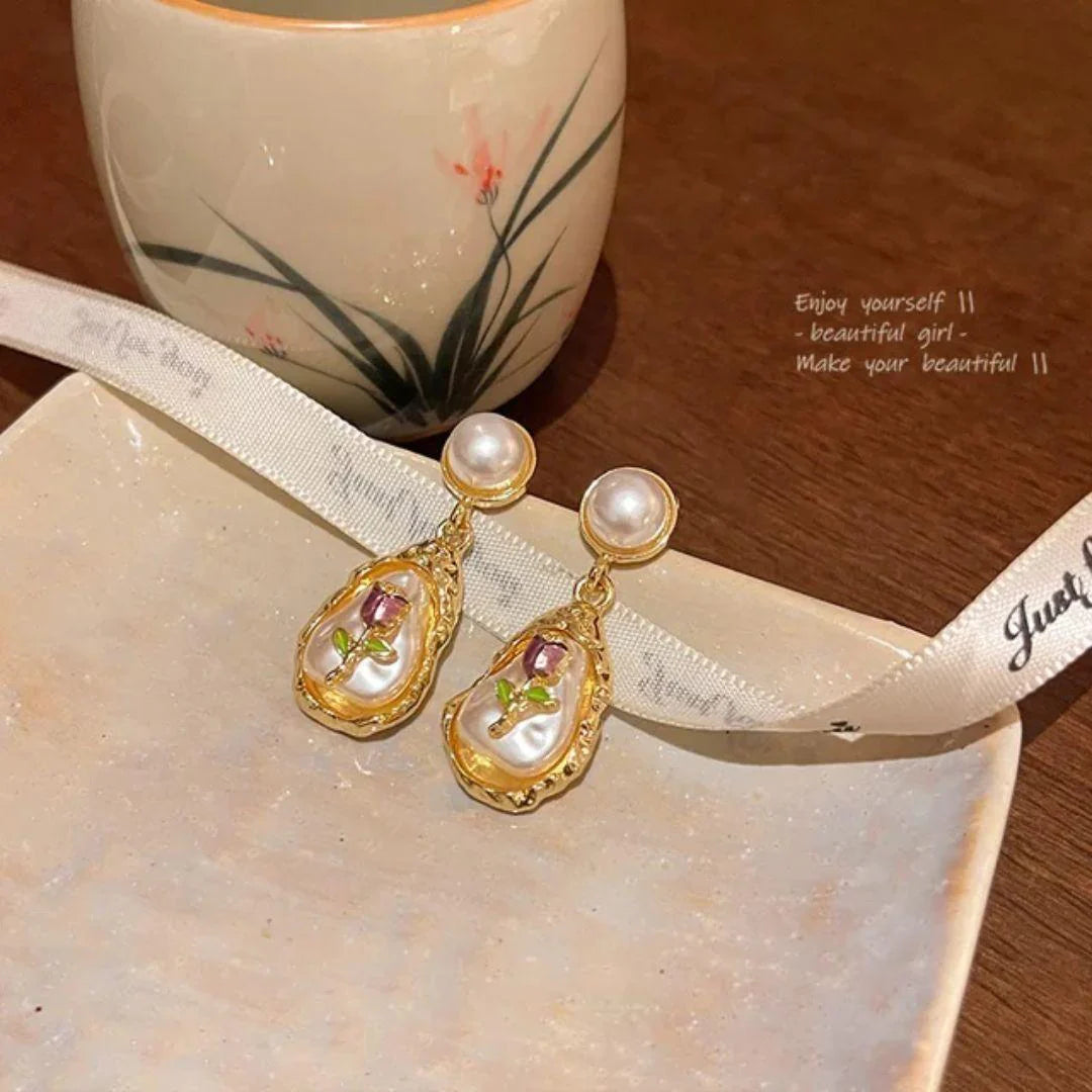 Oil Painting Style Oval Enamel Baroque Pearl Drop Earrings