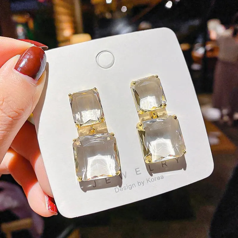 Transparent Glass Crystal Twin Square Earrings