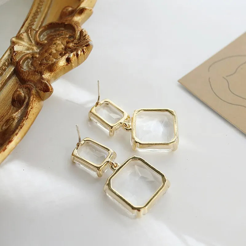 Transparent Glass Crystal Twin Square Earrings