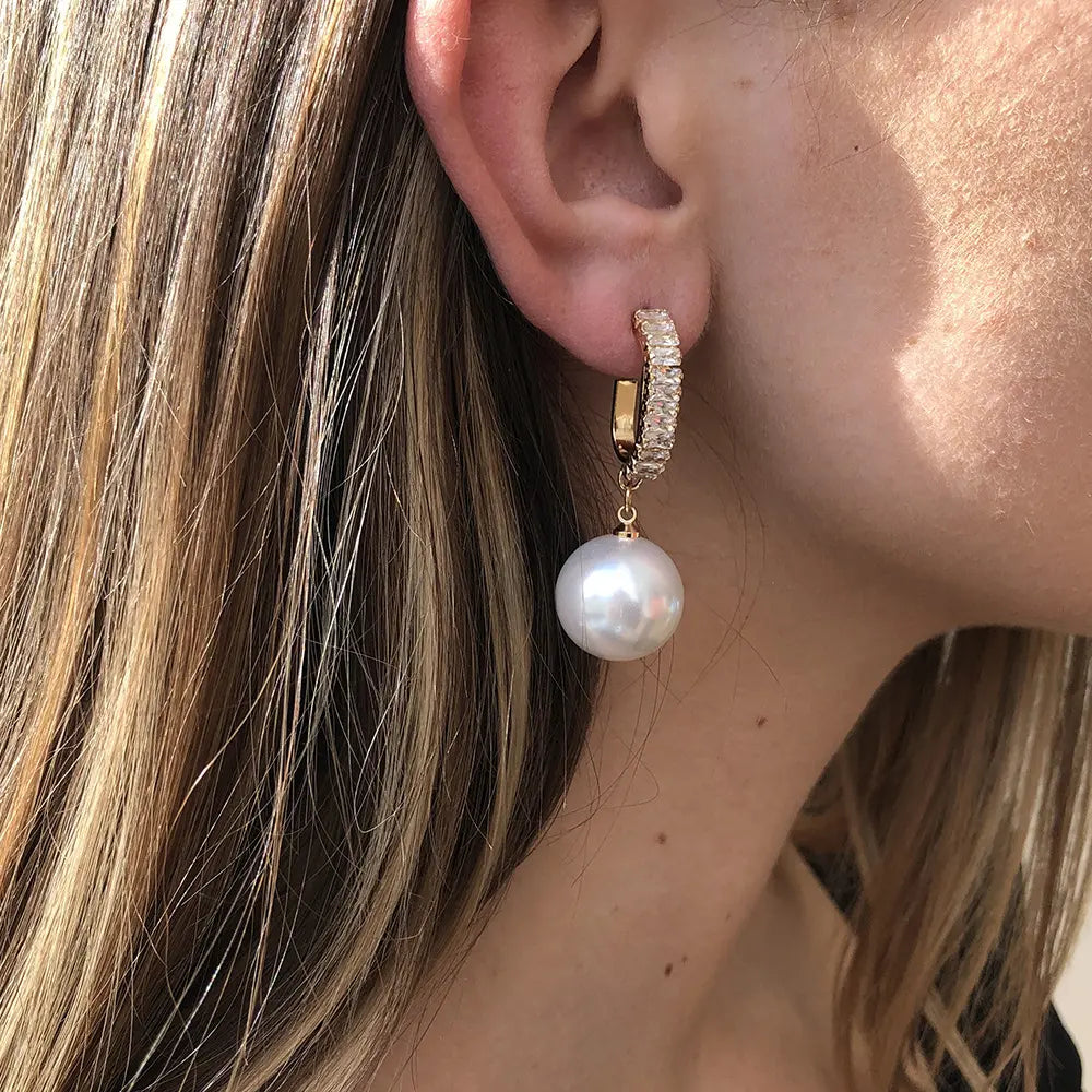 Clip Diamond Hoop Pearl Drop Earrings