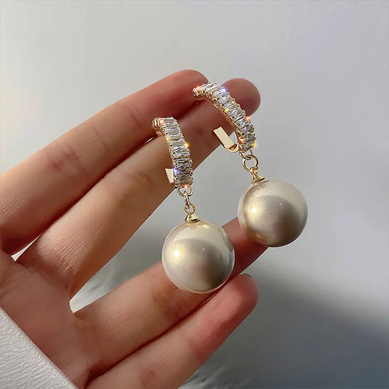 Clip Diamond Hoop Pearl Drop Earrings
