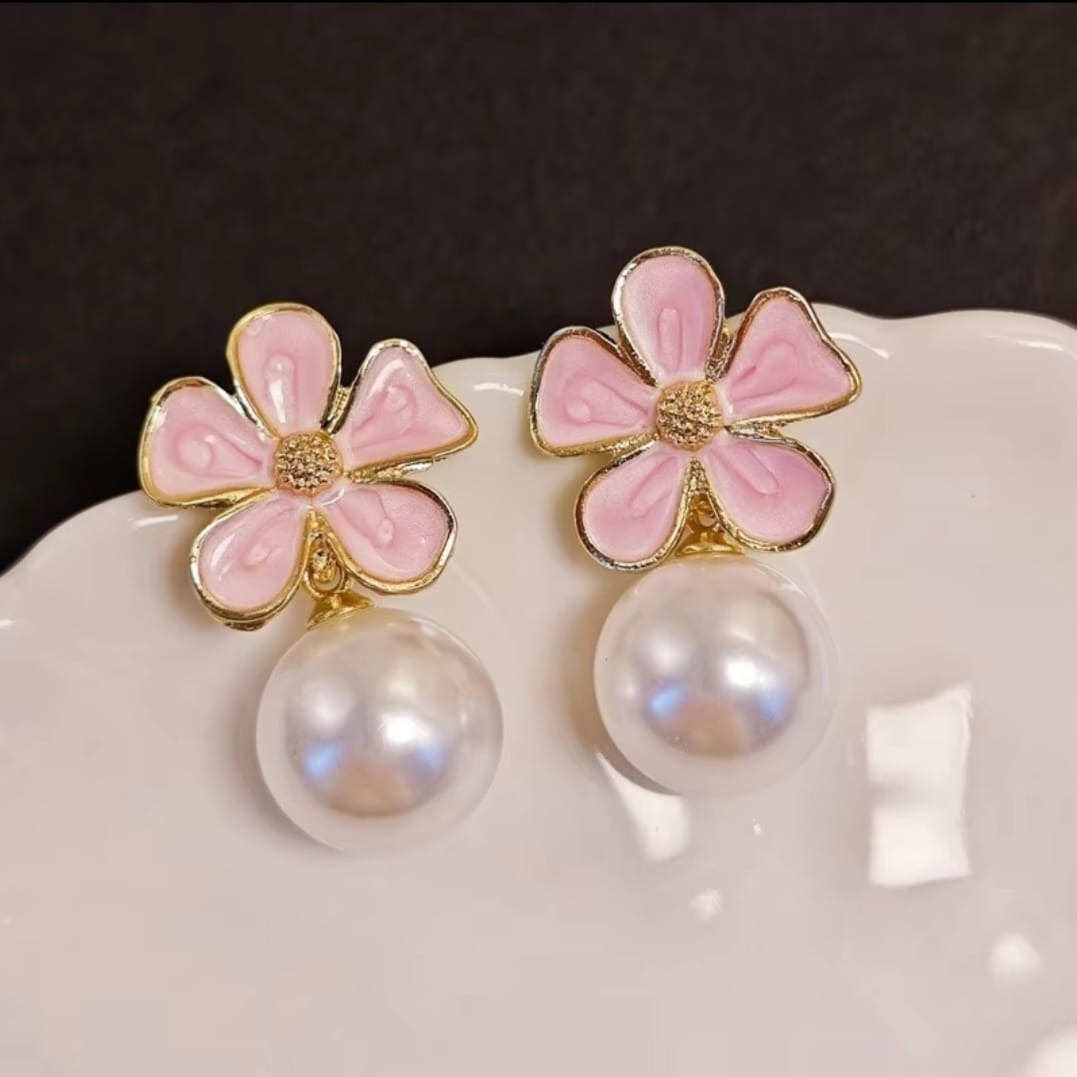 Pink Enamel Petal Flower Pearl Stud Earrings
