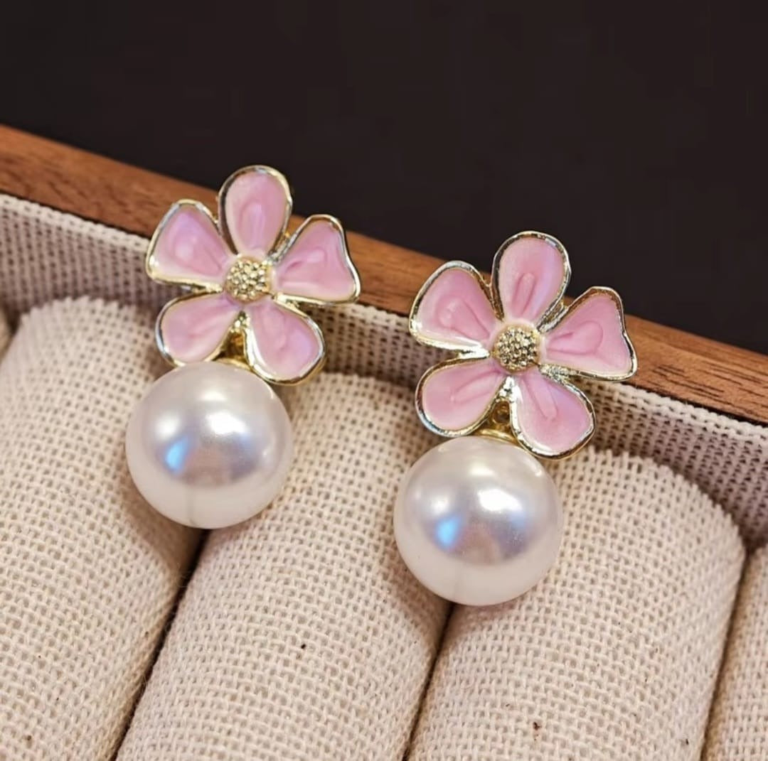Pink Enamel Petal Flower Pearl Stud Earrings