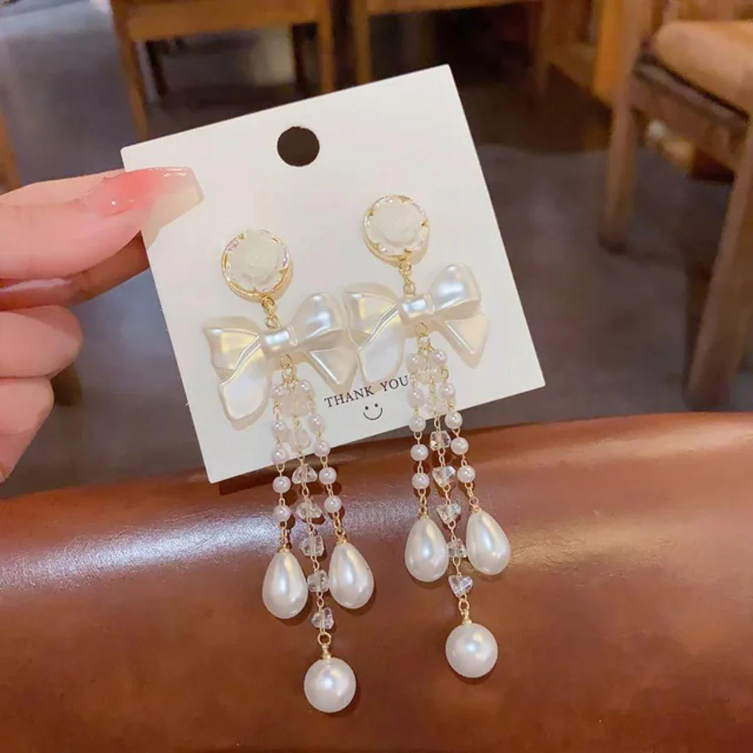 Bow-Knot Pearl Crystal Tassel Long Earrings